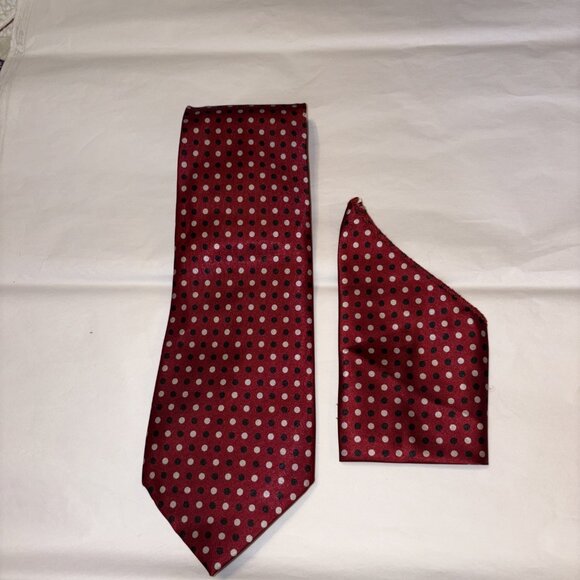 Mens Tie A. Santoni Collection with Pocket Hankie Red Polka Dots - Picture 1 of 3